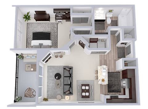Floor plan for 1 bed, 1 bath, 849 sqft